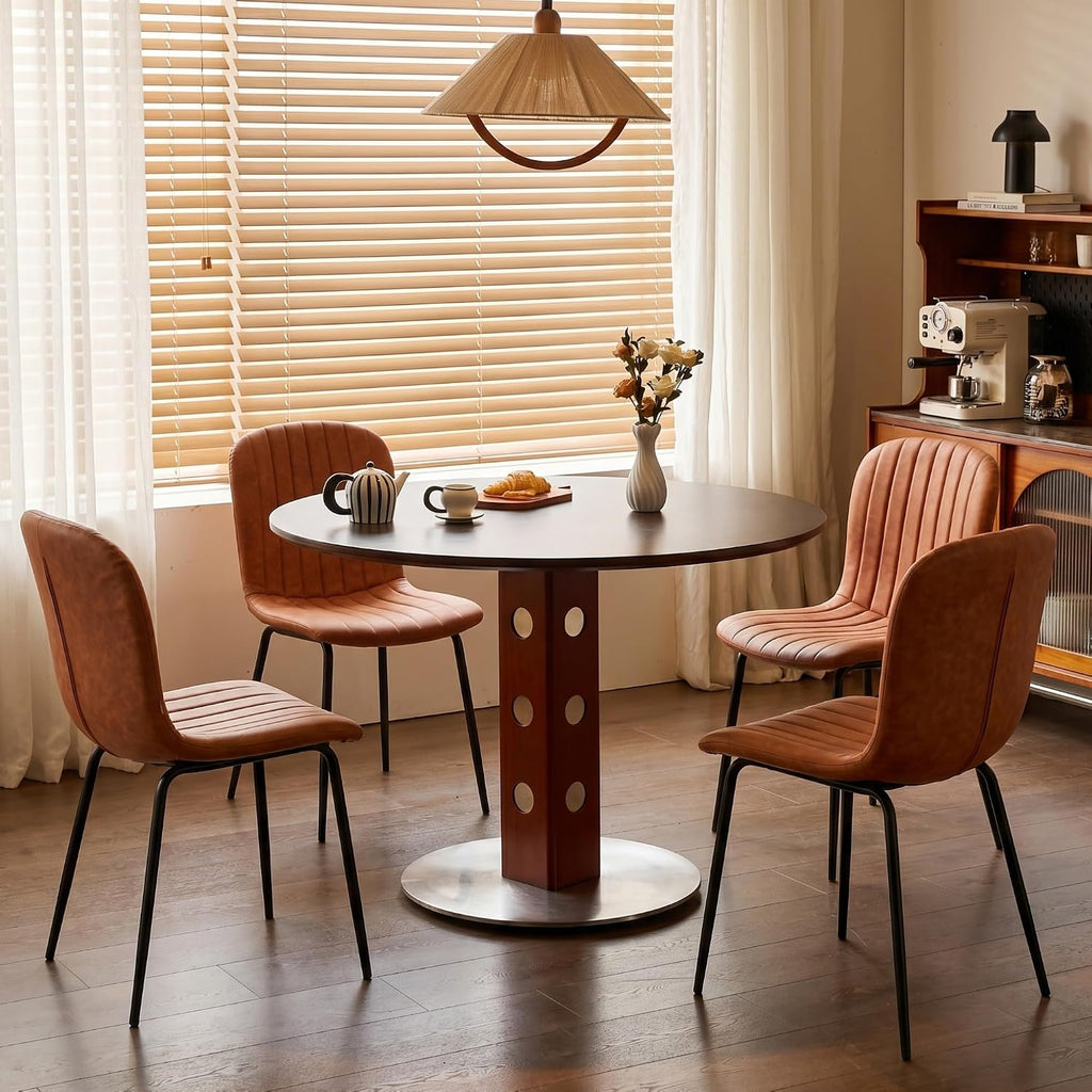 Dining Chair Set of 4, Upholstered PU Leather Seat with Black Metal Legs,Modern Comfortable Kitchen Chair, Curved Backrest Dining Chair for Dining Room Living Home(Mid-Century Brown)