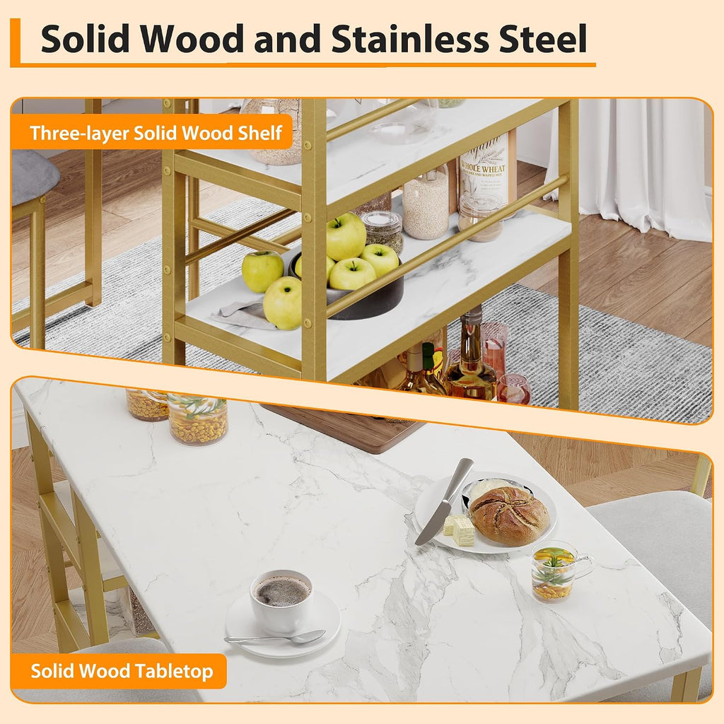 Dining Table Set for 2, Counter Height Kitchen Table and Chairs, Bar Table Set with 2 Upholstered Bar Stools, 3 Piece Dining Room Table Set for Small Space, Apartment, Gold