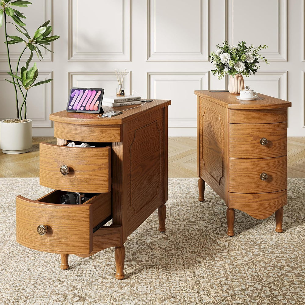 End Table Set of 2 with Charging Station, Narrow Side Table with 2 Drawer, Wo...