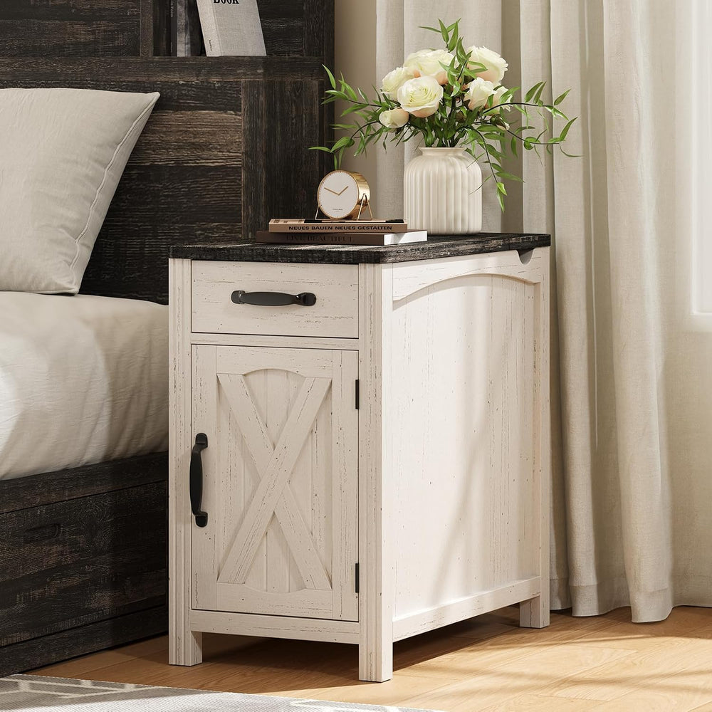 ONBRILL Farmhouse End Table with Charging Station, Narrow Side Table with Bar...