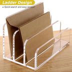 SANRUI Acrylic Mail File Organizer Sorters for Desk, 3 Upright Compartments Laddered Clear Desktop Vertical Letter Holder, Multifunction Envelope Folder Racks Holders for Office,Home, School