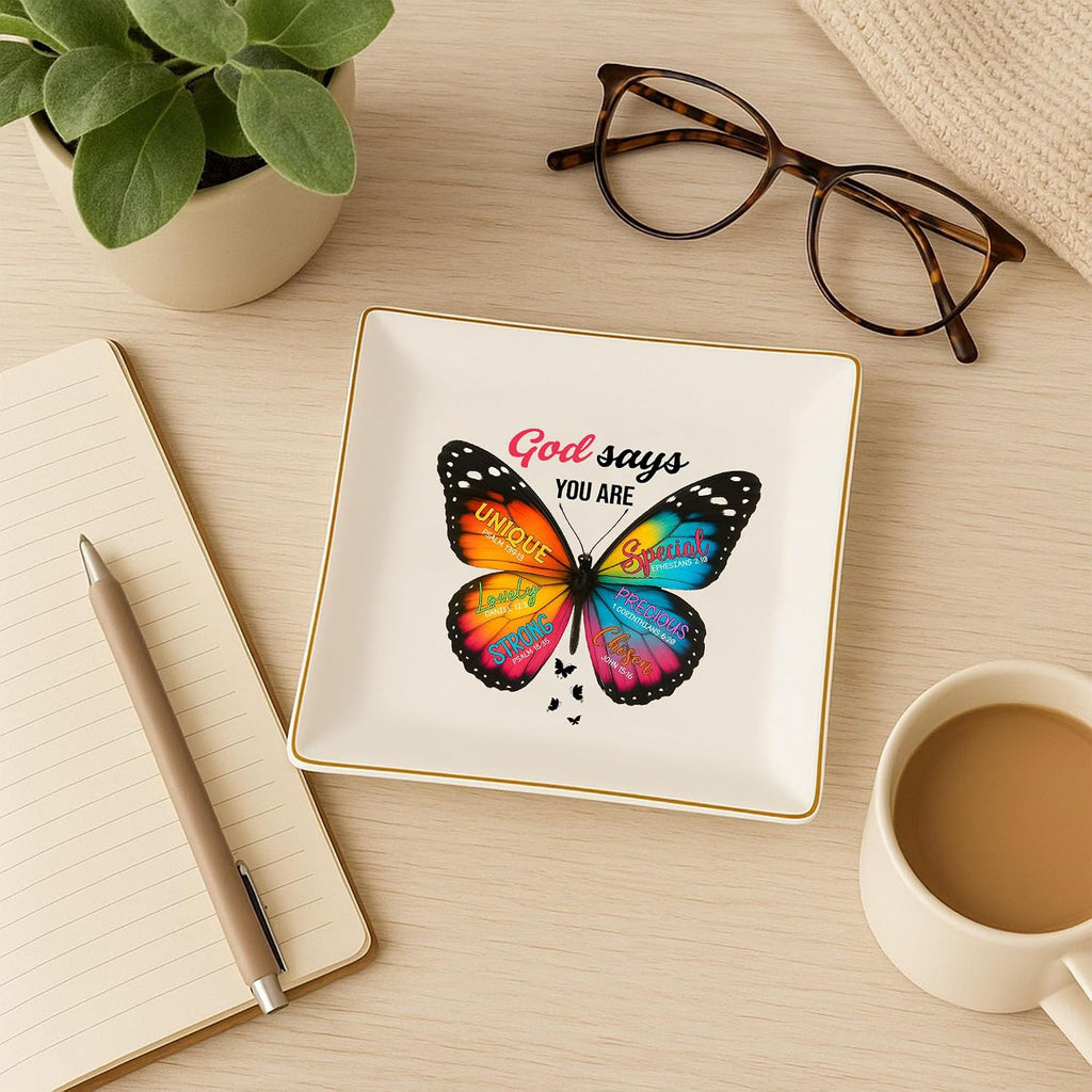 Christian Bible Verse Jewelry Dish Gift for Women, Butterfly Religious 4" Ceramic Jewelry Tray, Christian Gifts for Mom, Daughter, Friends - Birthday, Confirmation, Catholic Gift for Her, Teen Girls