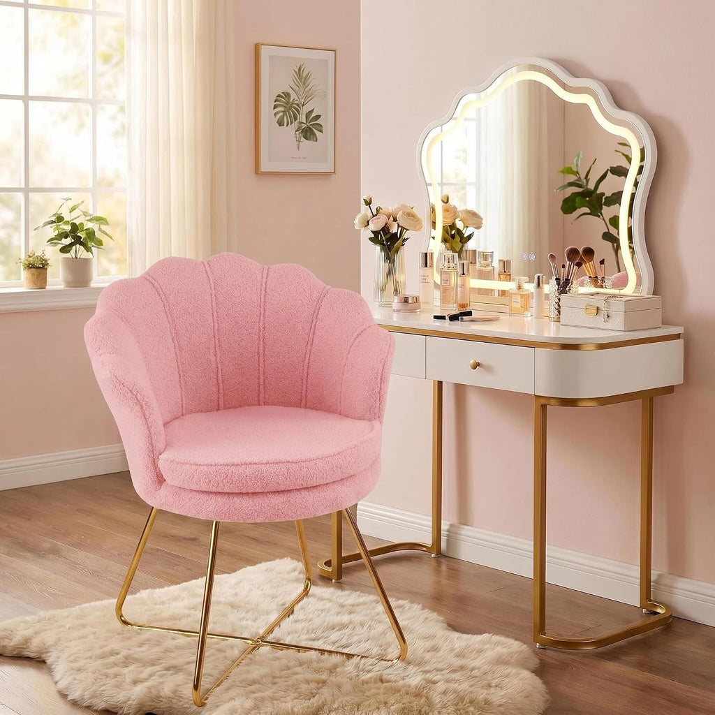 Furnimart Vanity Chair with Back, Shell Accent Chair for Living Room, Criss Cross Chair with Gold Legs, Makeup Chair for Bedroom Desk Chair no Wheels, Faux Fur Pink
