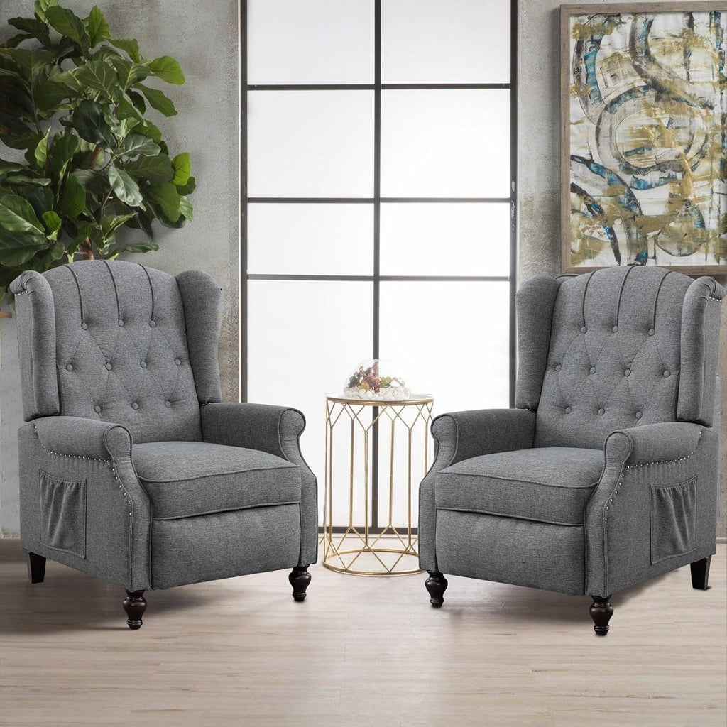 Pushback Recliner Chair Set of 2, Linen Tufted Armchairs with Massage & Heat, Mid-Century Modern Wingback Accent Chairs for Living Room, Small Space (Light Grey, 2PC)