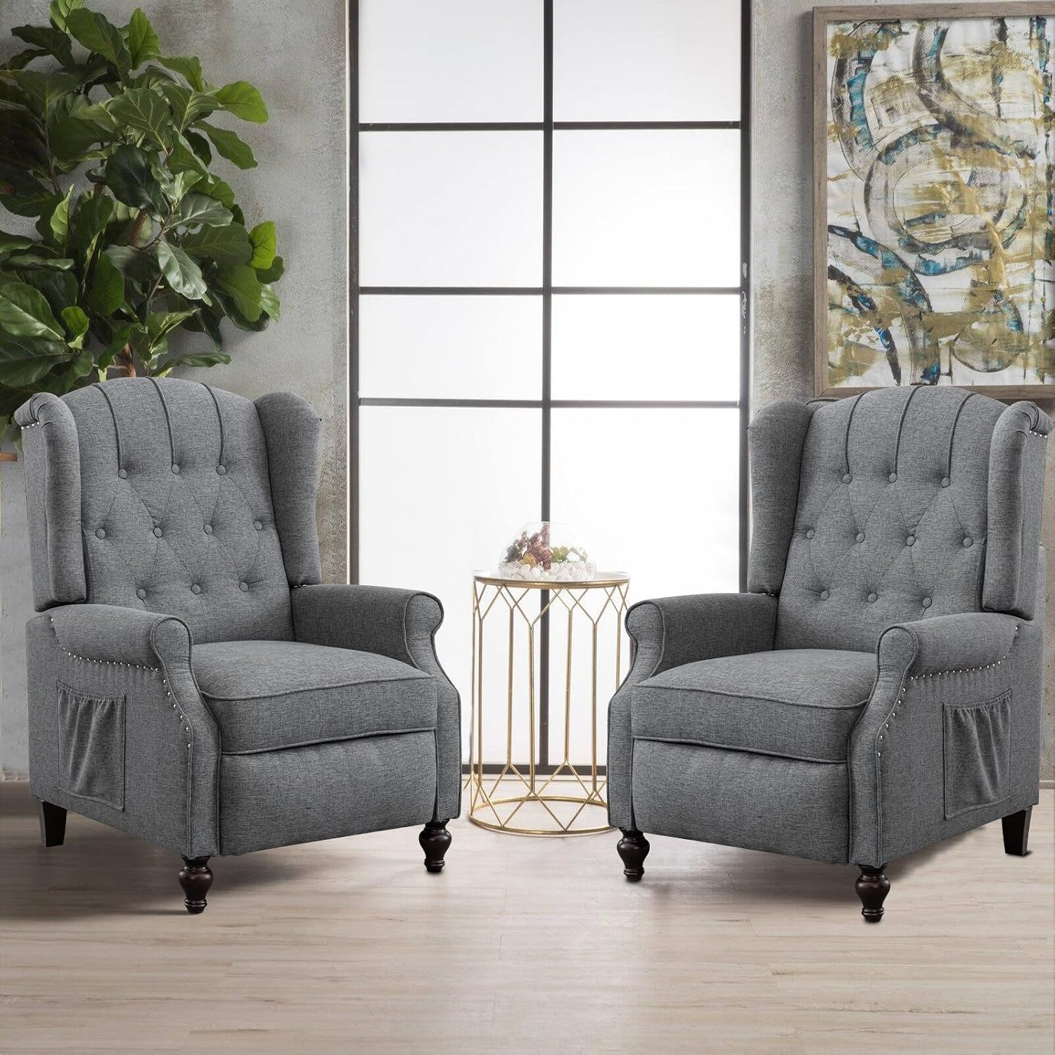 Pushback Recliner Chair Set of 2, Linen Tufted Armchairs with Massage & Heat, Mid-Century Modern Wingback Accent Chairs for Living Room, Small Space (Light Grey, 2PC)