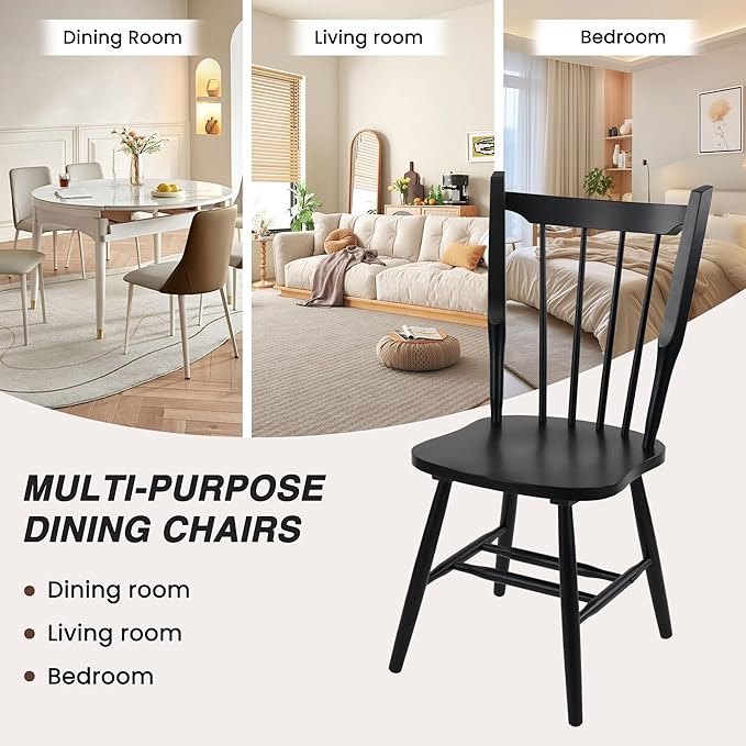 HNY Black Windsor Dining Chairs Set of 4, Farmhouse Wooden Kitchen Chairs with Spindle Back, Mid Century Modern Armless Kitchen Side Chair for Dining Living Room Restaurant