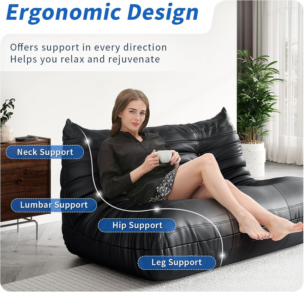 Foam Bean Bag Chairs for Adults,Big Faux Leather Bean Bag Lounger Couches, Modern Sofa,Floor Lazy Sponge Couch for Living Room Bedroom Dorm Office,Black