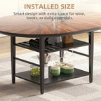 VFK 47.2"-63" Extendable Round Dining Table Set for 4–6, Solid Wood & Metal Table with Wine Rack Storage Shelf, Walnut Kitchen Furniture with 6 Upholstered Chairs (Storage Table and 6 Brown Chairs)