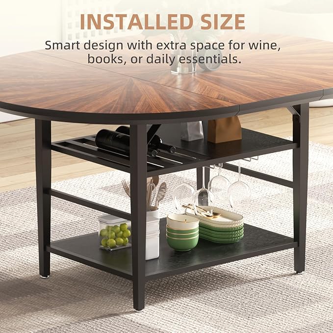 VFK 47.2"-63" Extendable Round Dining Table Set for 4–6, Solid Wood & Metal Table with Wine Rack Storage Shelf, Walnut Kitchen Furniture with 6 Upholstered Chairs (Storage Table and 6 Black Chairs)