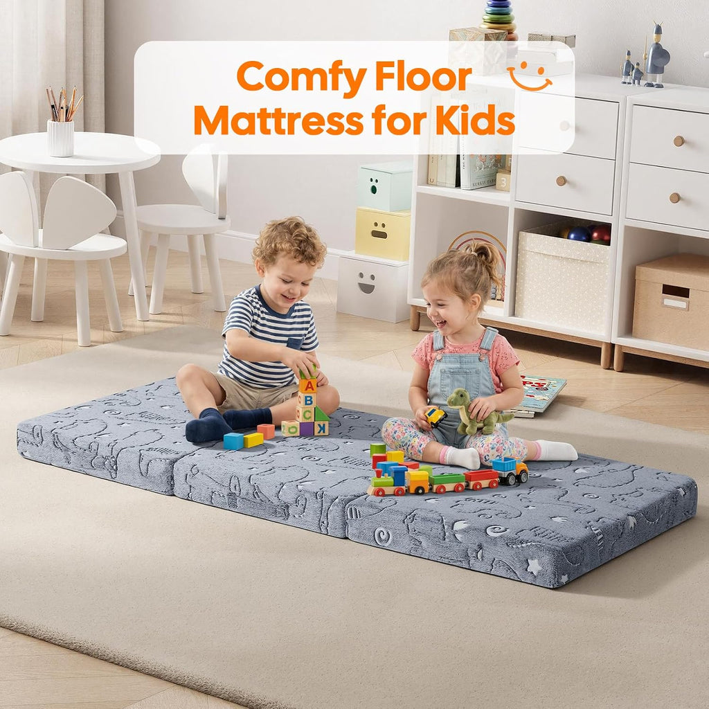 MeMoreCool Glow Dinosaur Kids Foldable Floor Mattress Trifold, 57x22 Inch | Glow dinosaur trifold futon for daycare, playroom, camping and travel rest