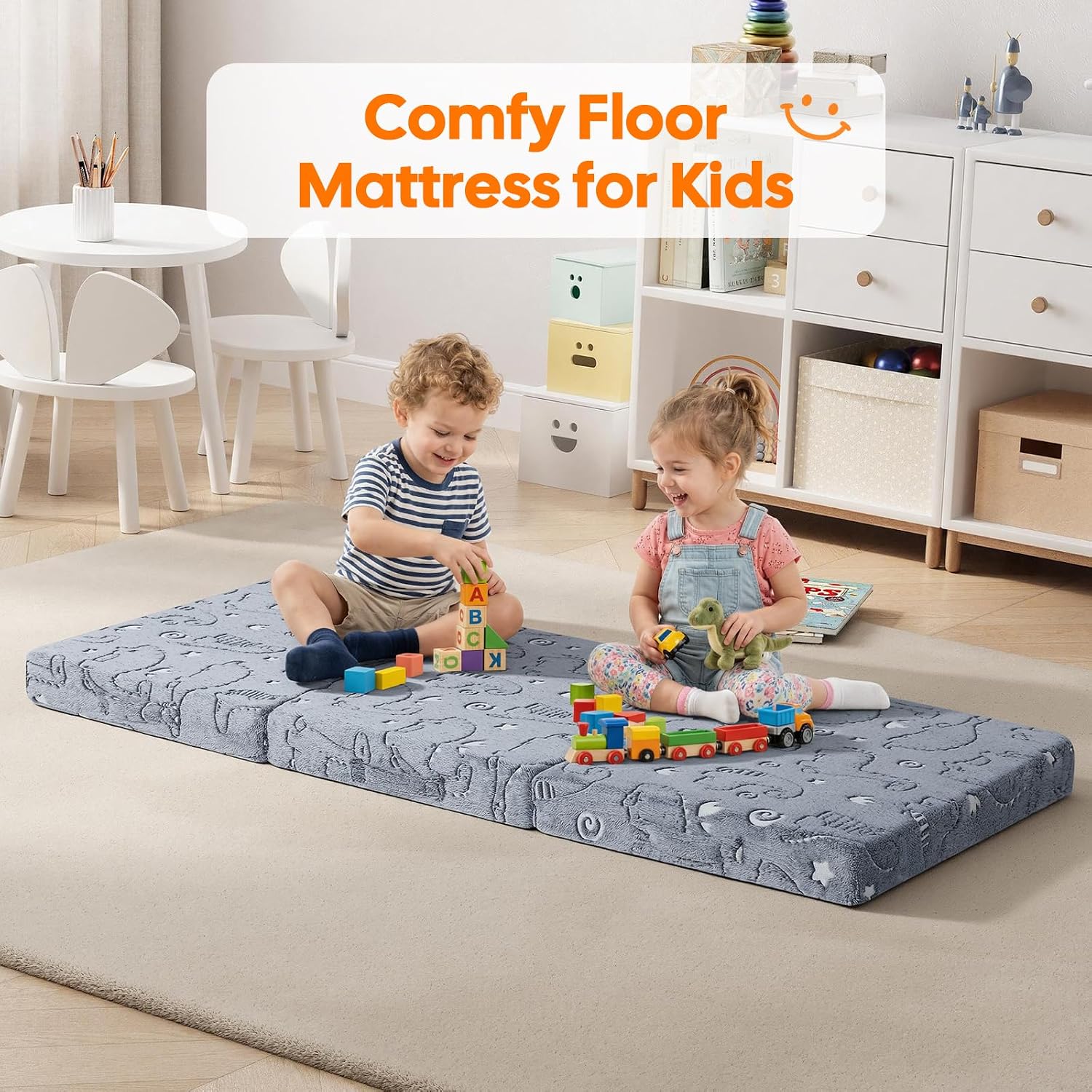 MeMoreCool Glow Dinosaur Kids Foldable Floor Mattress Trifold, 57x22 Inch | Glow dinosaur trifold futon for daycare, playroom, camping and travel rest
