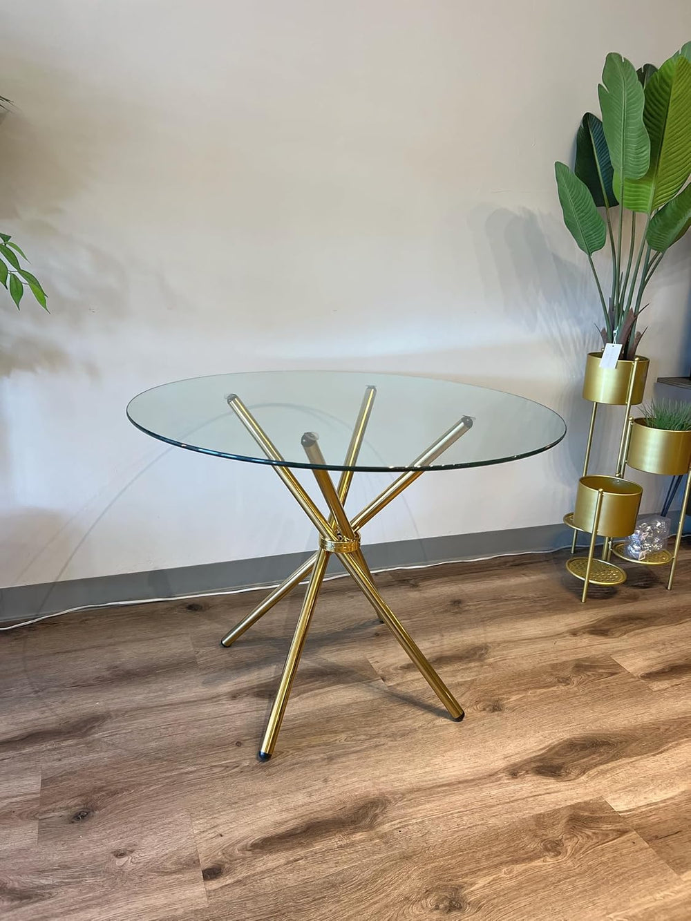 Round Glass Dining Table with Gold Criss Cross Legs, 39.5 Inch Modern Gold Ki...