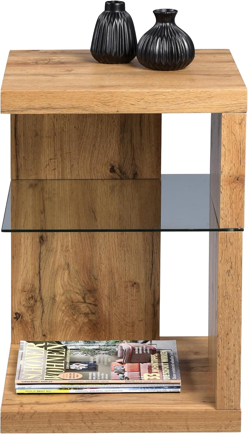 Domingo Side Table/Bedside Table MDF Safety Glass Wild Oak 40 x 40 x 60 cm