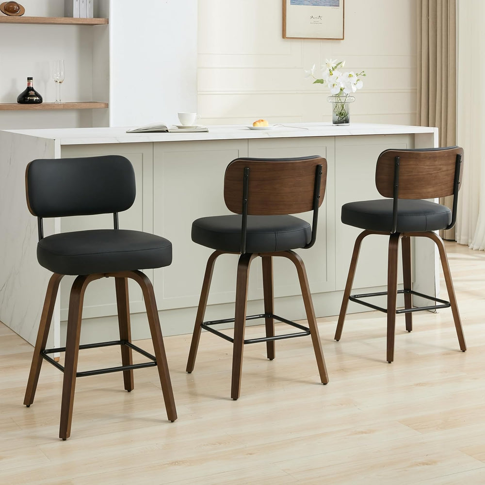 Swivel Bar Stools Set of 3, 26" Counter Height, Black | Walnut Wood Legs...