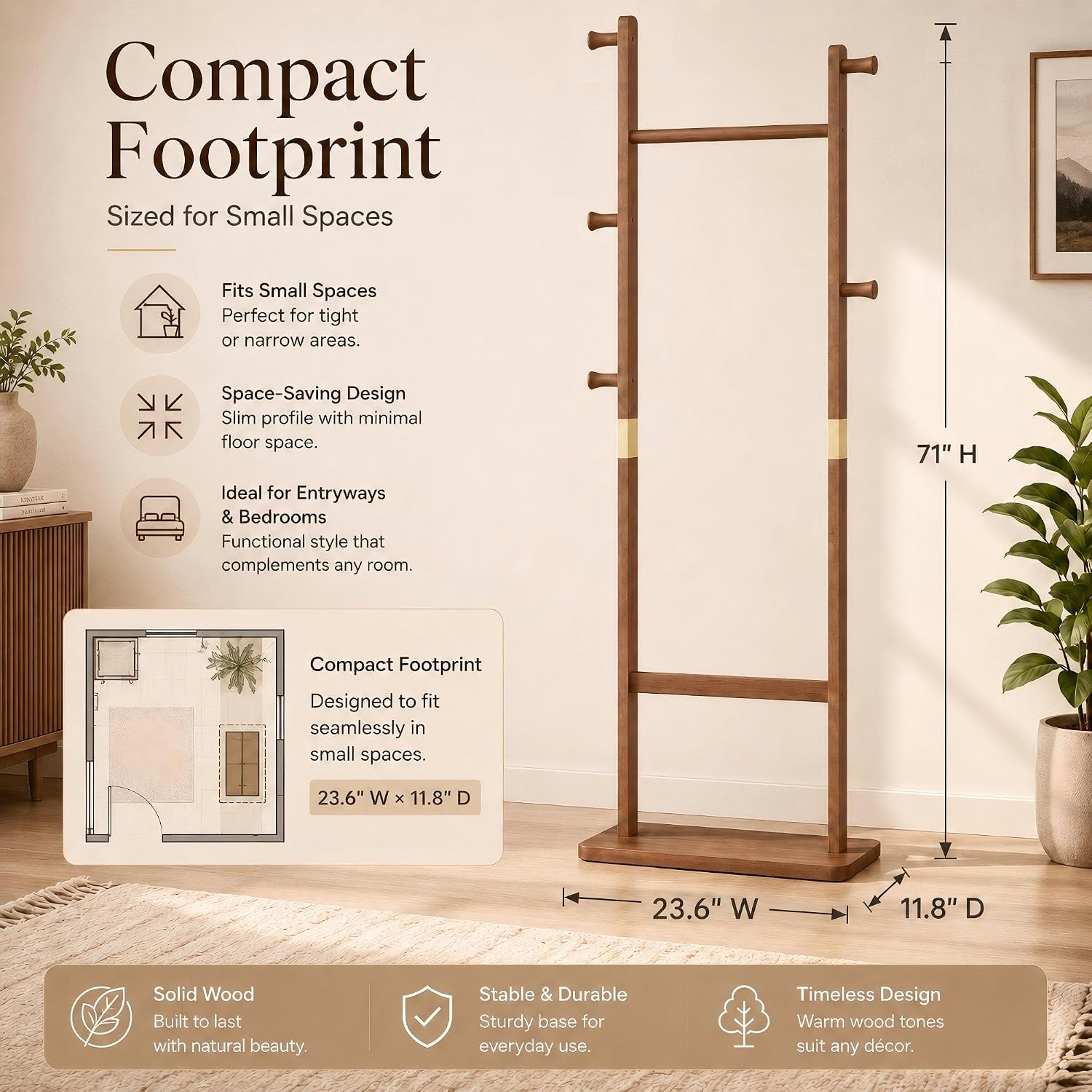 Solid Wood Coat Rack Freestanding, Clothing Rack with 5 Hooks & Bottom Shelf, Coat Rack Stand for Hanging Clothes, Wood Hall Tree Organizer for Entryway, Bedroom (Walnut Brown 23.6"W x 70.8"H)