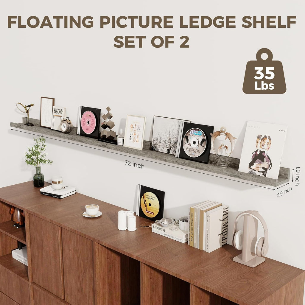 Axeman Grey Floating Shelves | 72 Inch Picture Ledge Shelf Set of 2 | Rustic Grey Picture Shelf for Wall with Ledge | Long Wall Shelves with Lip | Photo Ledge Shelves for Books Album Records