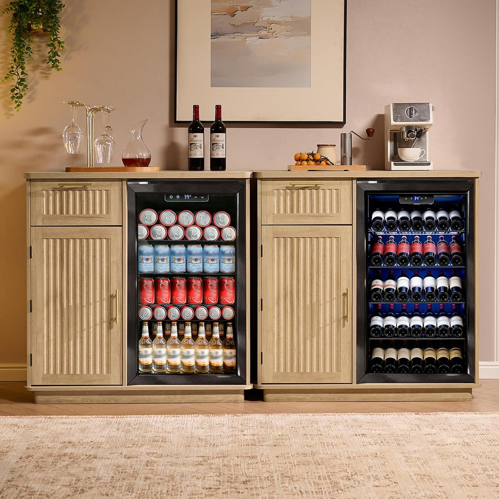 Okvnbjk Mini Fridge Cabinet with Storage & Power Outlet, Oak | Coffee Bar Cabinet with Fridge Space, Fluted Bar Cabinet for Living Room, Dining Room, Dorm