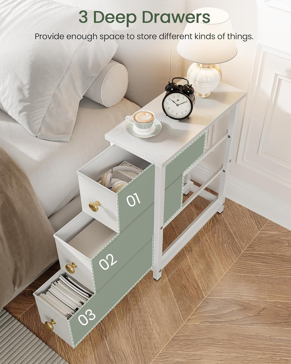 CHOEZON Narrow Side Table with 3 Fabric Drawers, Industrial Slim Bedside Tabl...