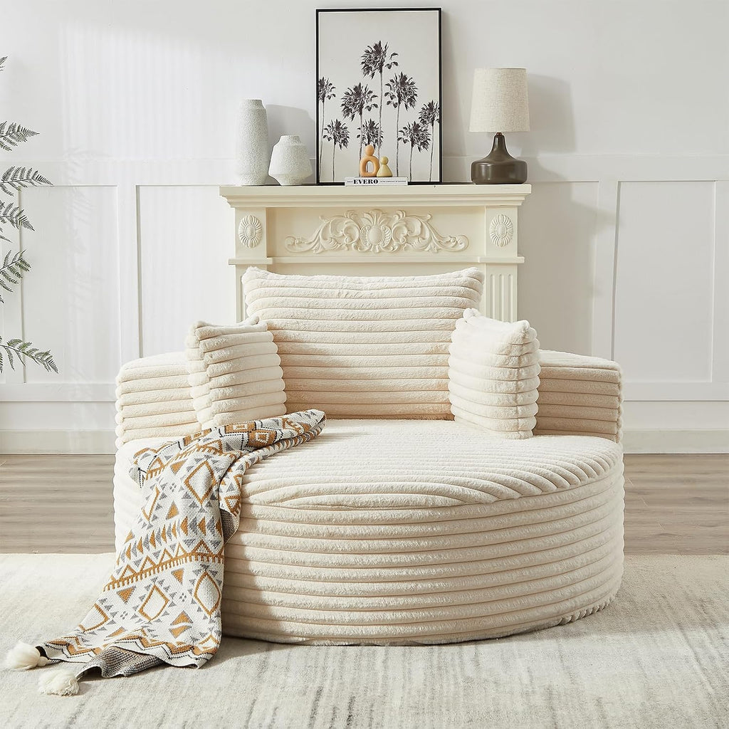 Oversized Round Chaise Longue Chair Indoor, Modern 55-inch Upholstered Corduroy Deep Seat Circle Single Cloud Lounge Floor Sofa Chair for Living Room, Bedroom Apartment, Beige