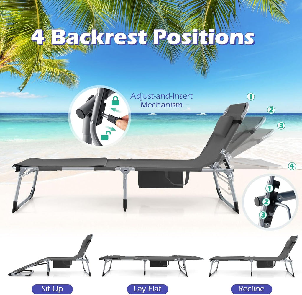 GYMAX Tanning Chair, 3 in 1 Sun Bathing Lounge Chairs with Face/Arm Holes & Side Pocket, Portable Lightweight Face Down Layout Tanning Chair for Outside, Beach, Backyard, Poolside (2, Gray)