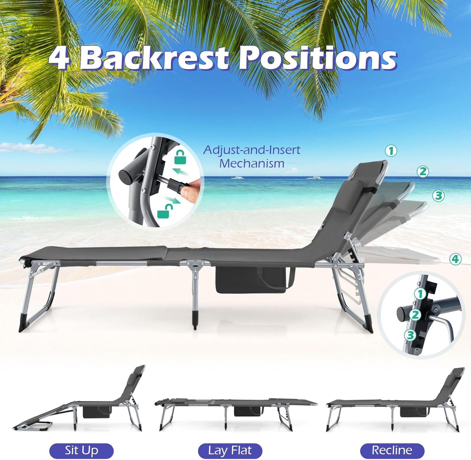 GYMAX Tanning Chair, 3 in 1 Sun Bathing Lounge Chairs with Face/Arm Holes & Side Pocket, Portable Lightweight Face Down Layout Tanning Chair for Outside, Beach, Backyard, Poolside (2, Gray)