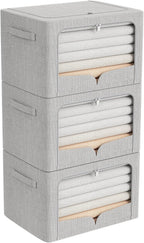 FHSQX 3 Pack Clothes Storage Bins Foldable Metal Frame Storage Box Extra Large Stackable Linen Fabric Organizer Set with Carrying Handles and Clear Window (Light Gray, 23.6x16.5x15.7inch(100L))