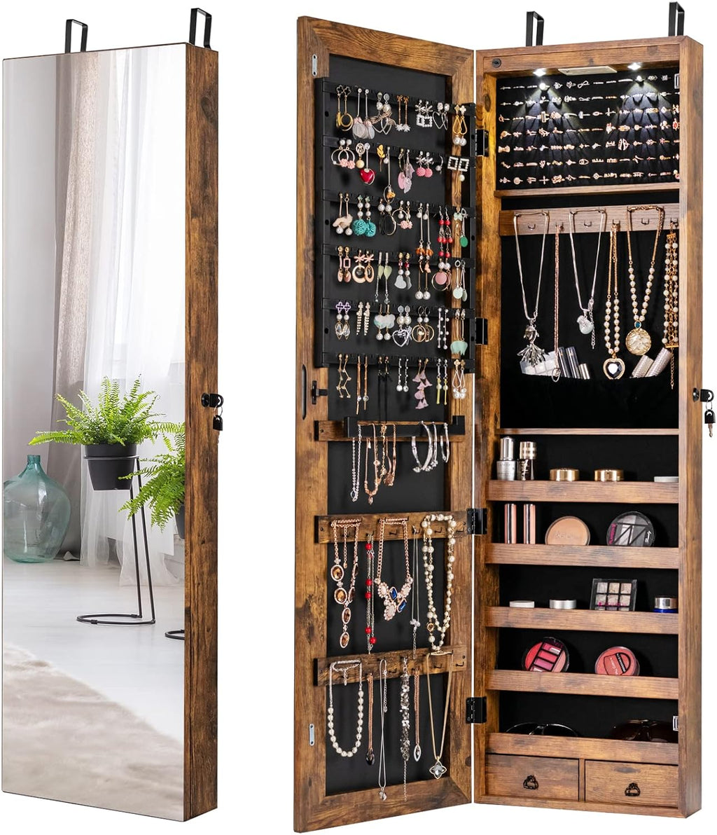 Giantex Wall Door Mounted Jewelry Armoire Cabinet with 47.5" H Full Length Mirror, 2 LEDs Lockable Jewelry Organizer Box with Bracelet Rod, 2 Drawers, Large Storage Capacity (Rustic Brown)