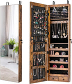 Giantex Wall Door Mounted Jewelry Armoire Cabinet with 47.5" H Full Length Mirror, 2 LEDs Lockable Jewelry Organizer Box with Bracelet Rod, 2 Drawers, Large Storage Capacity (Rustic Brown)