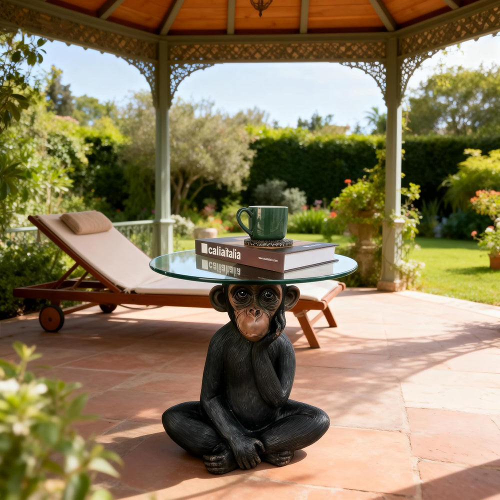 Animal Resin Side Table, Monkey Base Glass Top Side Table, Art Deco Style, Su...