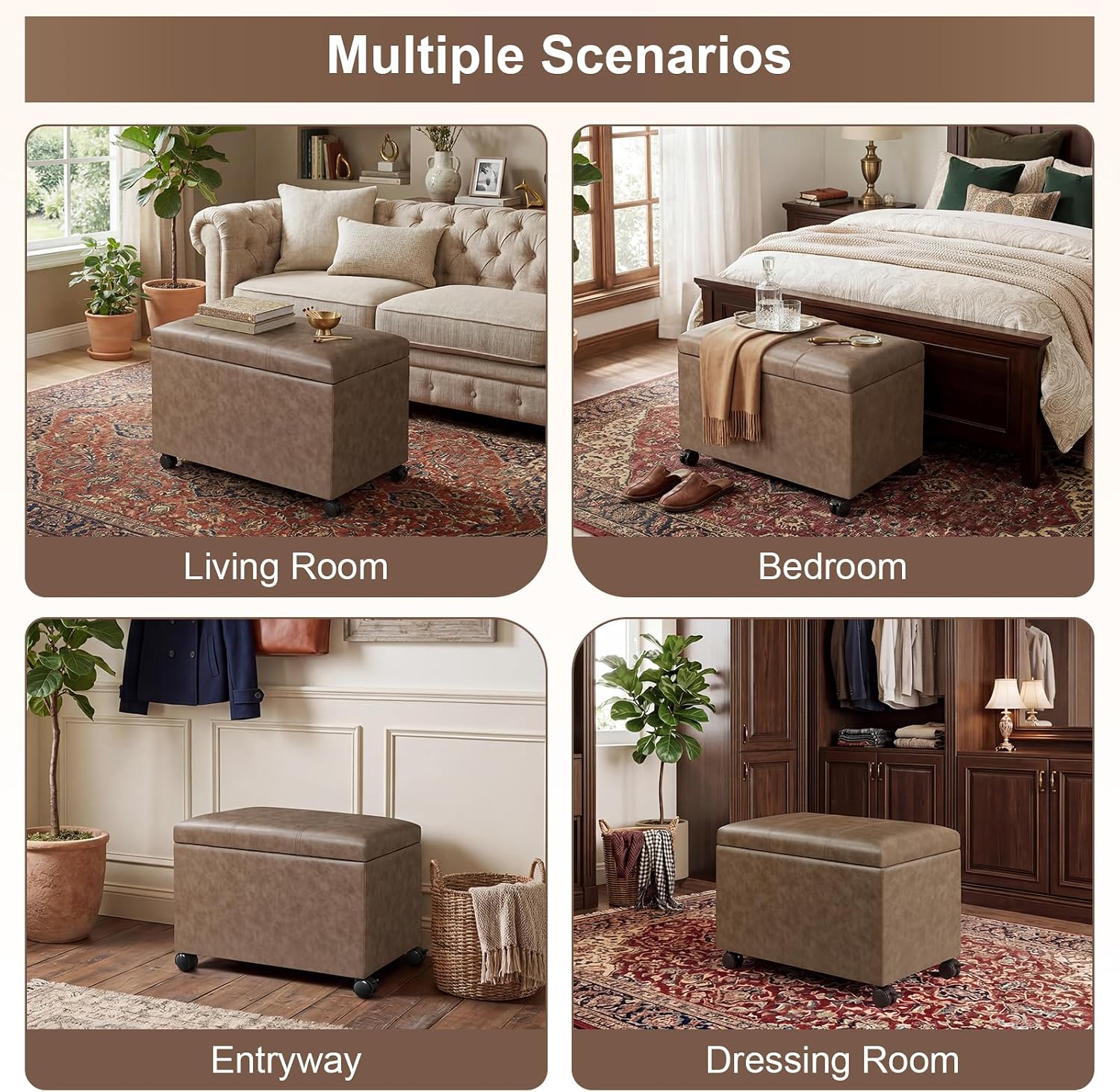 Joveco 24" Storage Ottoman Bench with Wheels, Rectangle Faux Leather Foot Stool for Living Room, Bedroom, Entryway, Earthy Light Brown Veining