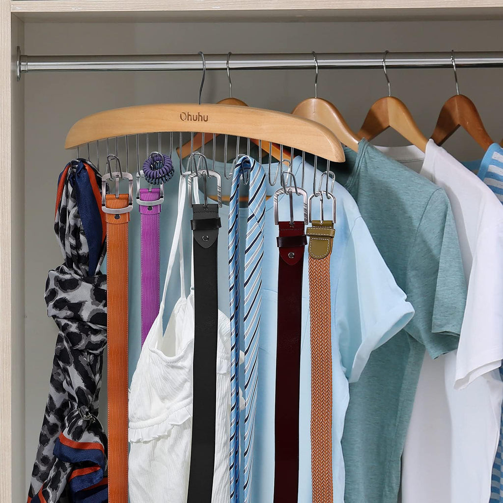Belt Hanger Organizer for Closet: Ohuhu 12 Hooks Max 36 Belts Tie Rack Wooden Belt Holder for Storage 360 Degree Rotating Space Saver Organizer for Men Women Belt Tie Scarf Accessories-Burlywood