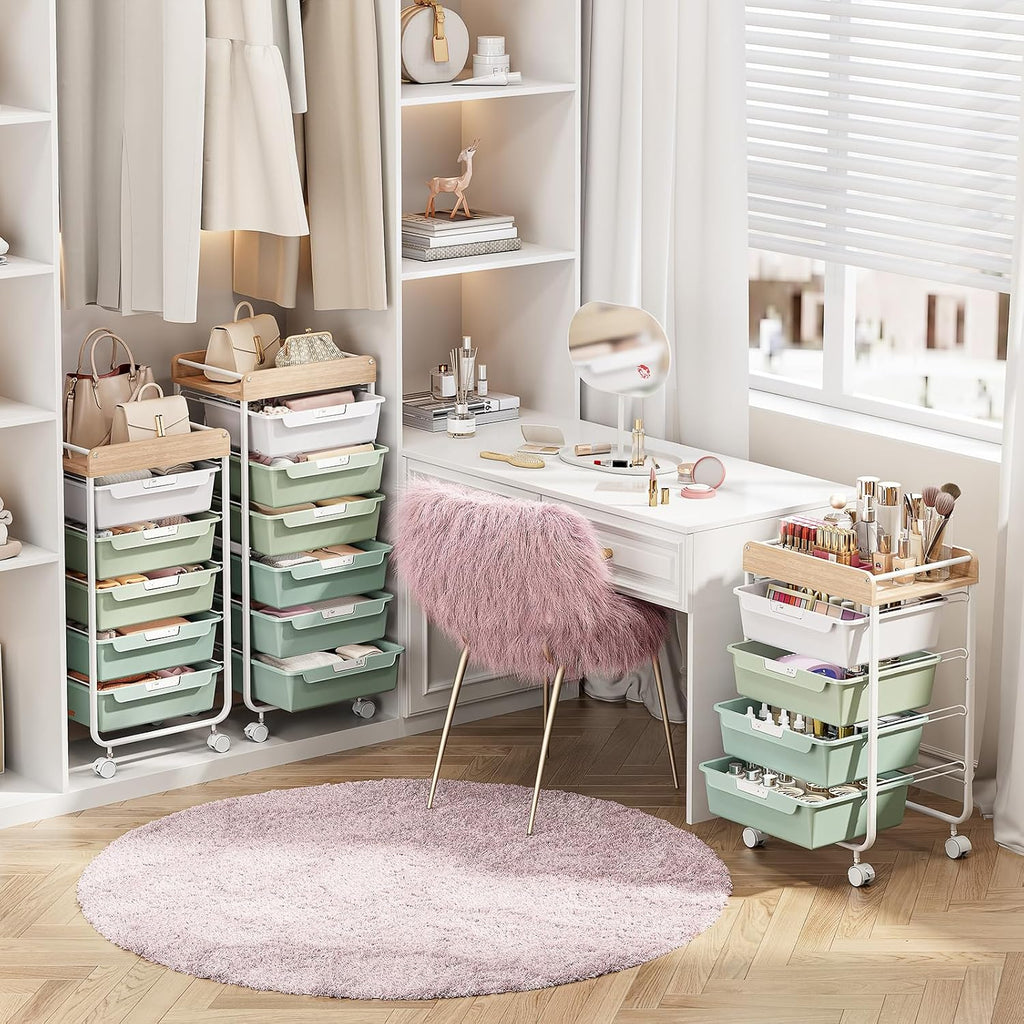 APEXCHASER Rolling Craft Storage Cart with 6 Drawers, Art Cart,Green | Utility Cart with Wooden Top, for Craft Room, Kids Art Station, Sewing Storage, Space-Saving for Home Office & Bedroom