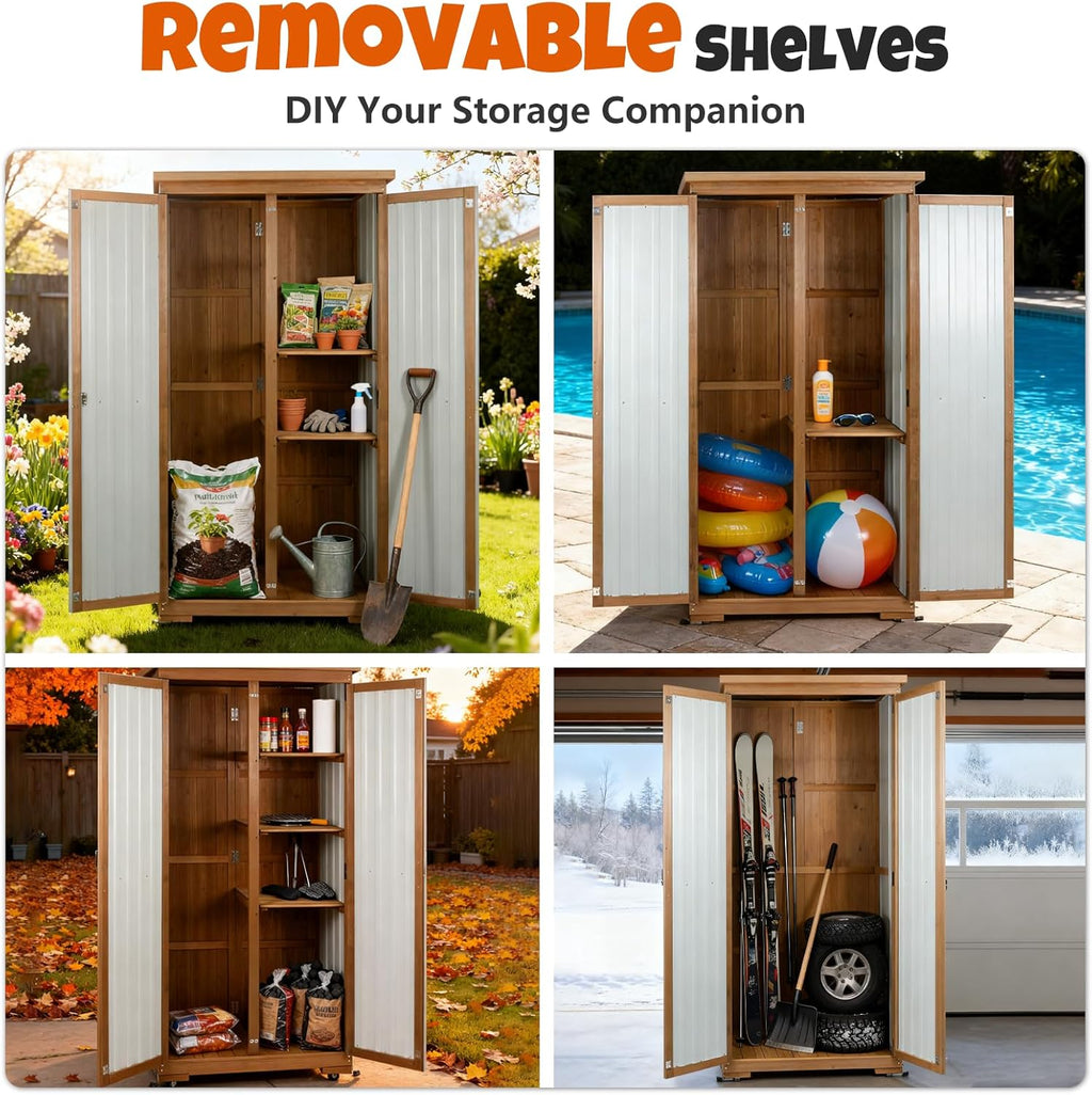Outdoor Storage Cabinet with Shelves, Wood & Metal Storage Shed with Weatherproof Roof, 3 Removable Shelves, Double Lockable Doors, Adjustable Feet, Outside Storage Cabinet for Garage, Patio, Backyard