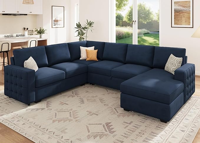 HONBAY Sleeper Sectional Couch with Pull-Out Bed Sectional Sleeper Sofa Pull Out Bed with Storage Chaise, 6 Seaters Couch for Living Room, Velvet Blue
