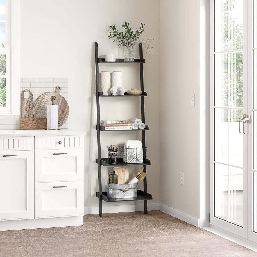 Ballucci 5-Tier Ladder Shelf, Modern 67" Tall Wood Leaning Shelf Organizer for Living Room, Bathroom, Office, Bedroom - Black