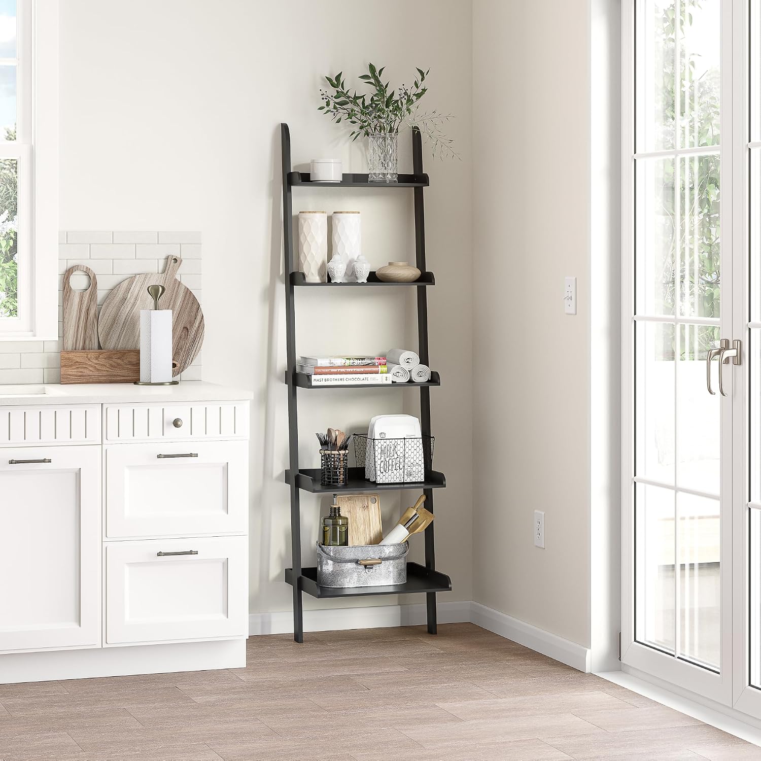 Ballucci 5-Tier Ladder Shelf, Modern 67" Tall Wood Leaning Shelf Organizer for Living Room, Bathroom, Office, Bedroom - Black
