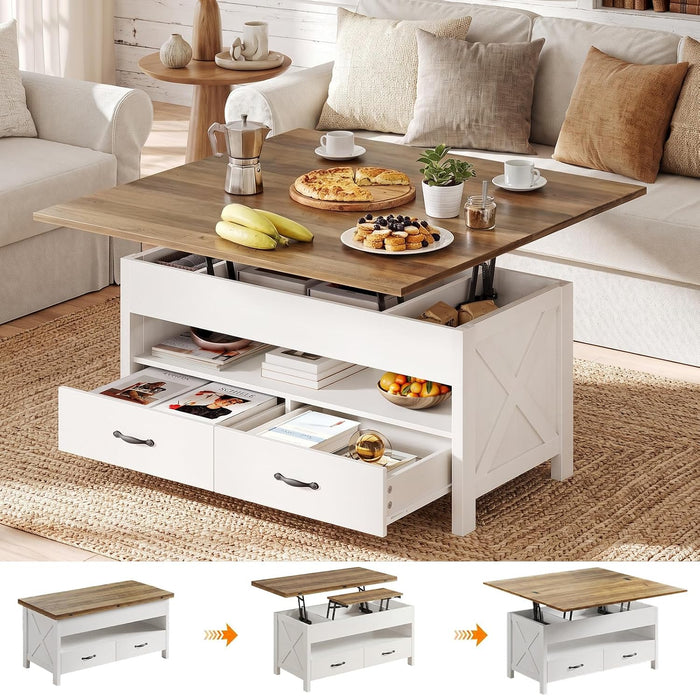 Amada Lift Top Coffee Table, 4 in 1 Convertible Coffee Table with Drawers and Hidden Compartment, Expandable Center Table Converts to Dining Table for Living Room, Farmhouse Oak & White