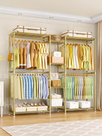 Ulif E4 Clothes Rack, Heavy-Duty Garment Rack, Metal Freestanding Clothing Organization Storage System Can Be L-Shaped with Shelves and Hangers, Max Load 962lbs, 71.6" W x 14.5" D x 79.3" H, Gold
