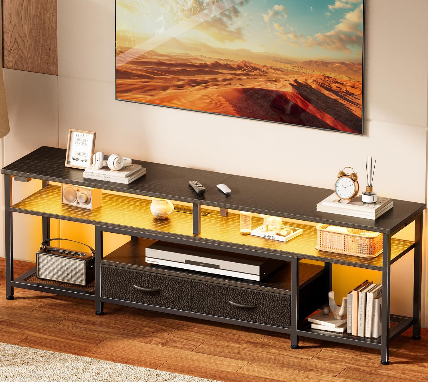 Huuger 63 Inch LED TV Stand for 65 70 Inch TV, Entertainment Center with Open Shelves and Power Outlets, TV Console for Living Room, Media Console with Drawers, Black