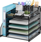Lavatino Desk Organizer, 5-Tier Metal Mesh Paper Letter Tray with 1 File Holders & 7 Flexible Dividers for Office or Home Desk Organizers and Accessories, Keep Workspace Supplies Neat, Black