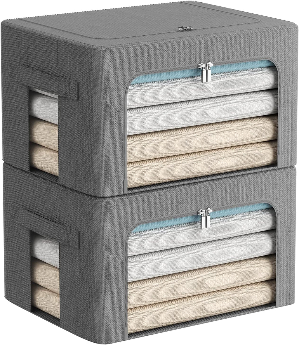 FHSQX 2 Pack Clear Window Storage Bins Foldable Fabric Storage Bins Boxes for Clothes Stackable Box Organizer Set with Carrying Handles (Gray,22L, 15.7x 11.8x 7.8 Inch)