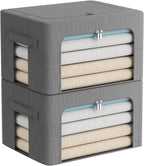 FHSQX 2 Pack Clear Window Storage Bins Foldable Fabric Storage Bins Boxes for Clothes Stackable Box Organizer Set with Carrying Handles (Gray,22L, 15.7x 11.8x 7.8 Inch)