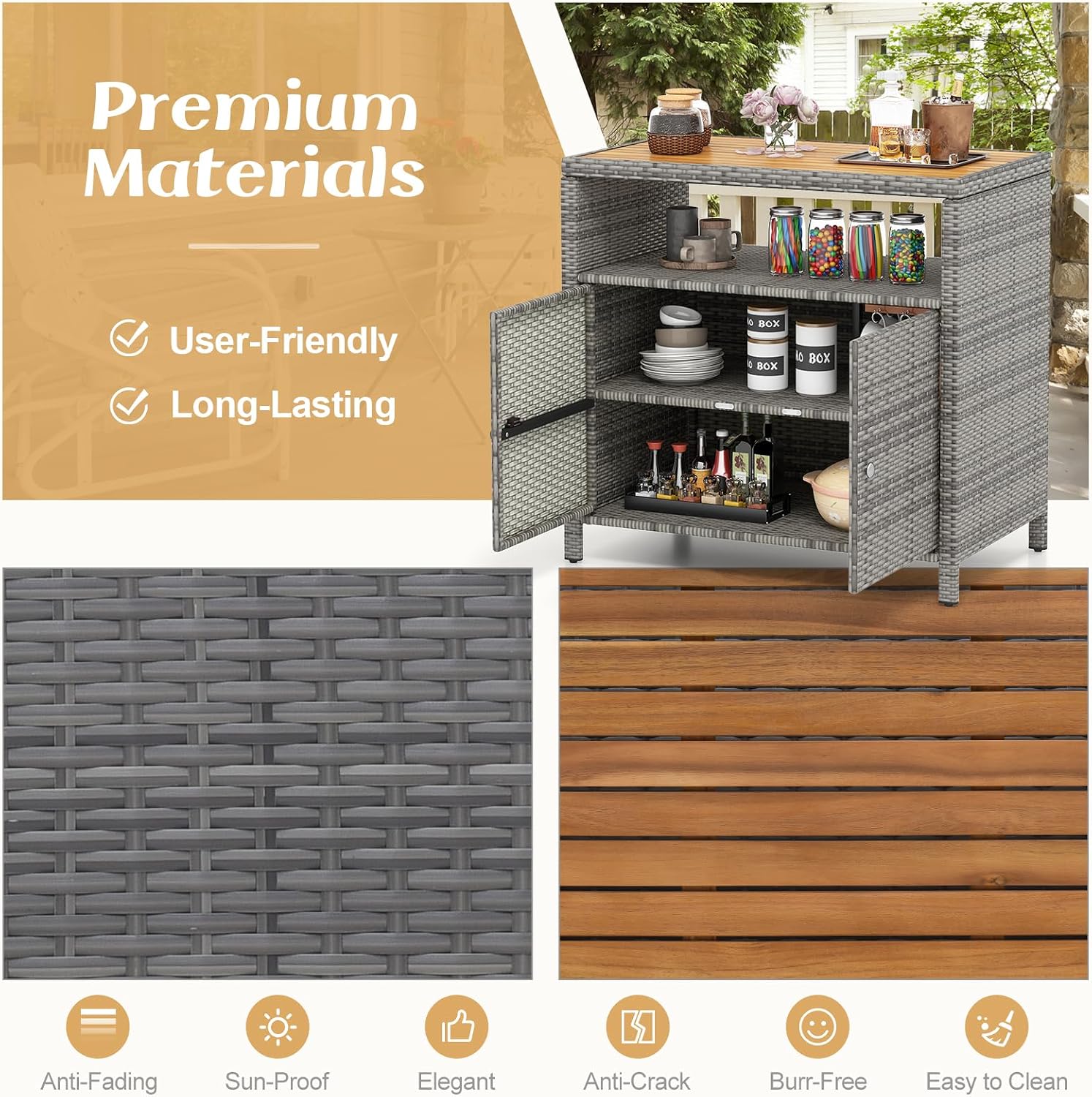 RELAX4LIFE Wicker Outdoor Bar Cabinet - PE Rattan Patio Bar Table w/Acacia Wood Countertop, Open Shelf & 2 Doors, Buffet Sideboard Organizer for Garden Backyard Pool, Outside Storage Cabinet (Grey)