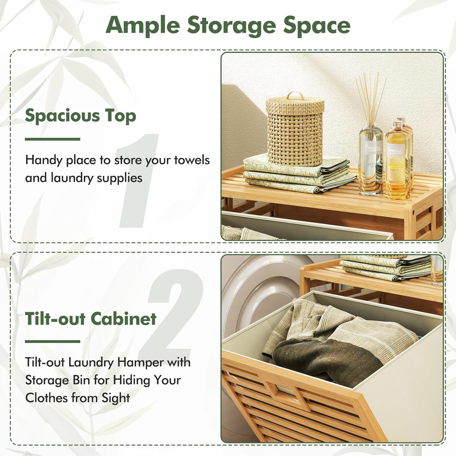 Giantex Tilt Out Laundry Hamper, Bamboo Laundry Storage Cabinet with Removable & Foldable Fabric Bin, Top Shelf, Laundry Basket Organizer for Bathroom, Laundry Room, Living Room, Bedroom, Natural