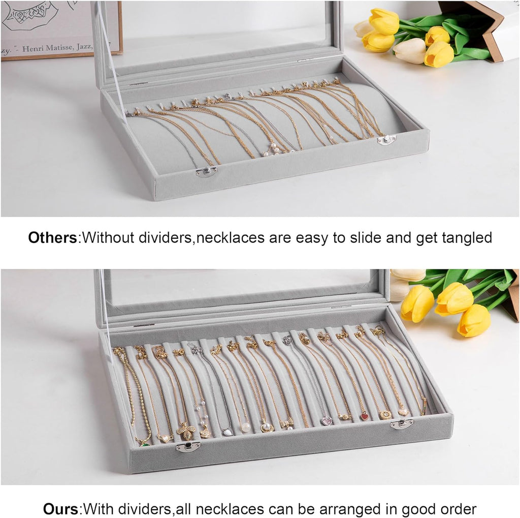 Frebeauty 15 Hooks Necklace Tray Velvet Neckalce Organizer with Clear Lid Lockable Necklace Holder Box Jewelry Organizer for Pendants Chains Necklace Jeweley Tray for Women Girls(Pink)