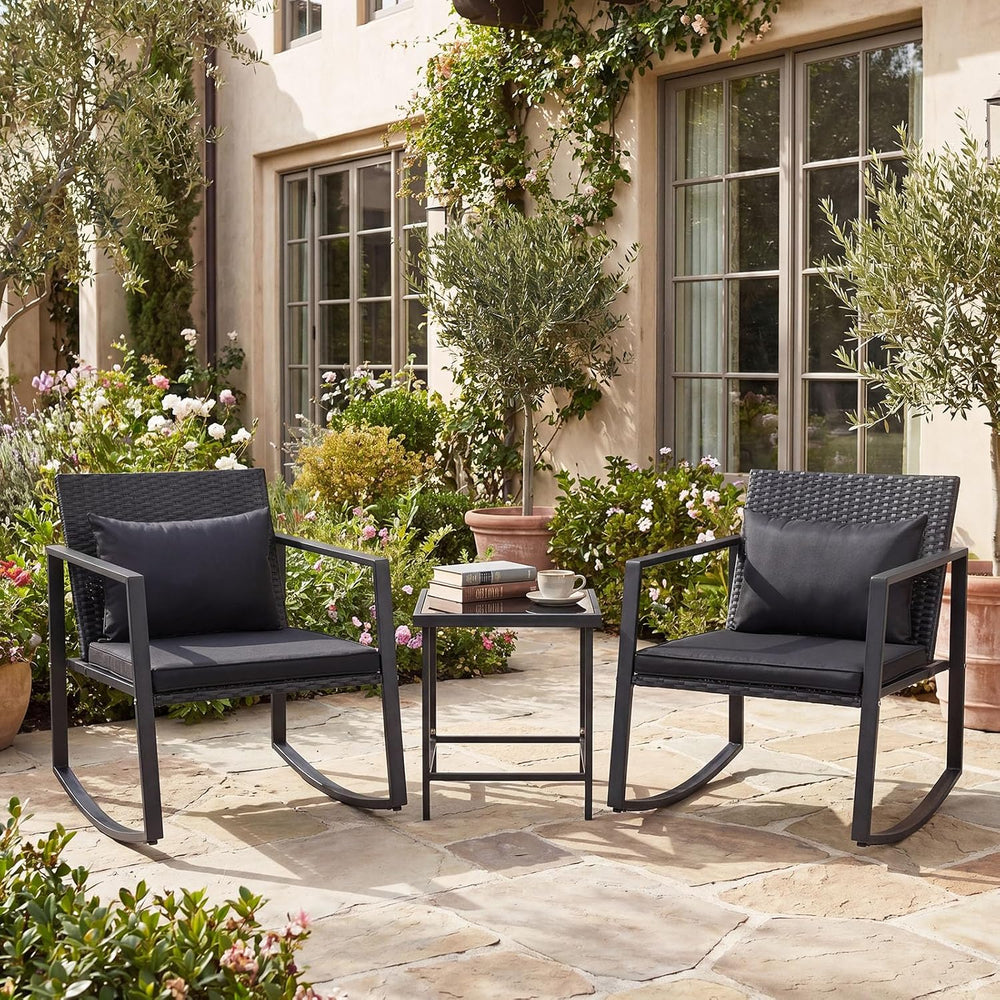 Tangkula 3 Pieces Outdoor Rocking Chairs Set, Rattan Heavy Duty Cushioned Roc...
