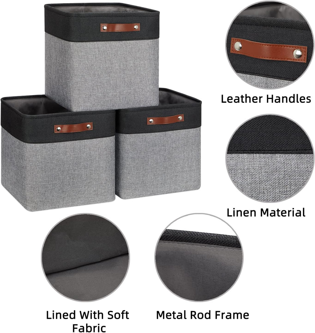 HNZIGE Storage Foldable Baskets Cubes Set(3 Pack) Fabric Bins for Shelves,13 Inch Storage Basket for Organizing with Leather Handles for Home, Toys, Clothes, Kids Room, Closet Storage(Black&White)