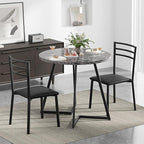 VECELO Small Round Dining Table Set for 2, Wood Tabletop with Strong Metal Frame, Modern Dinette with Chairs for Kitchen, Breakfast Nook Living Room, Faux Marbled & Grey