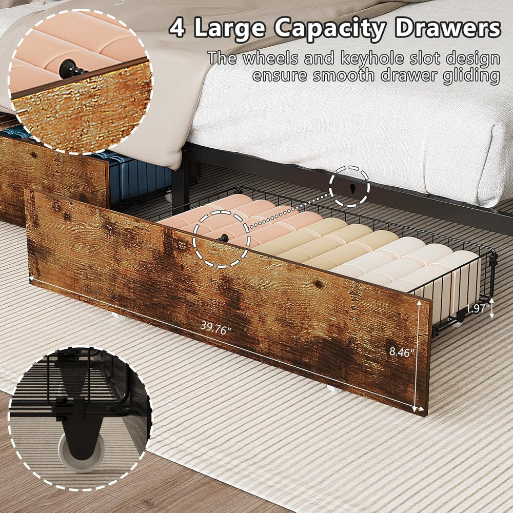 VINGLI Queen Bed Frame with 4 Storage Drawers and Headboard, Metal Platform P...