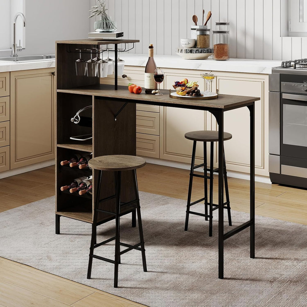 GOFLAME Bar Table Set for 2, Counter Height Dining Table Set with Shelves, Cu...